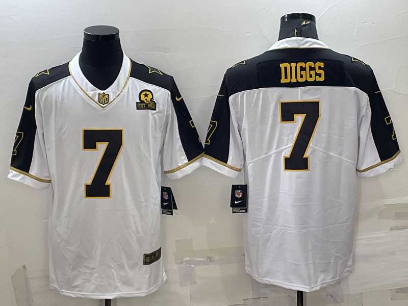 Men%27s Dallas Cowboys #7 Trevon Diggs White Gold Edition With 1960 Patch Limited Stitched Football Jersey
